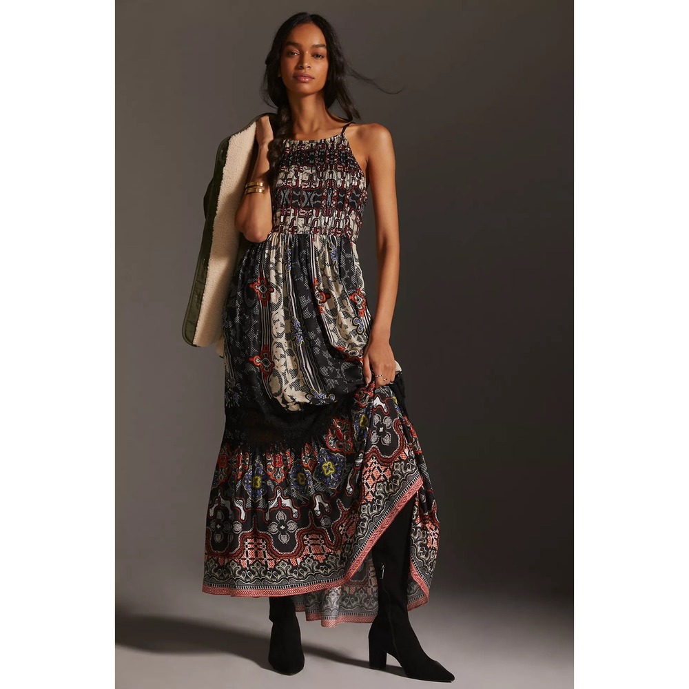 Anthropologie Bhanuni by Jyoti Tiered Maxi Dress Womens 2 Black Orange Boho